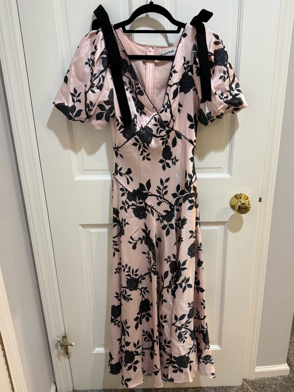 Self-Portrait Pink Maxi Dress with Black Floral Print and Tie Straps